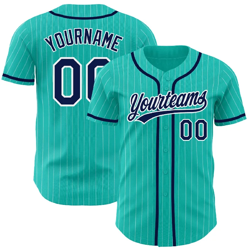 Baseball Jersey for Custom Team Colors-Custom Aqua White Pinstripe Navy Authentic Baseball Jersey