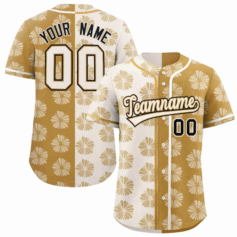 Baseball Jersey for Softball and Baseball Customization-Custom Cream Old Gold Split Fashion Flower Graffiti Pattern Authentic Baseball Jersey