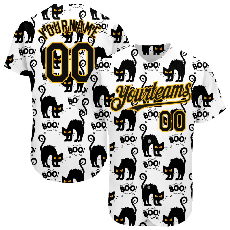 Baseball Jersey for Comfortable and Durable Wear-Custom White Black-Yellow 3D Pattern Design Cat Authentic Baseball Jersey