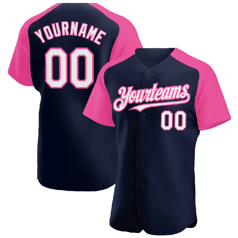 Baseball Jersey for High School Uniforms-Custom Navy White-Pink Authentic Raglan Sleeves Baseball Jersey