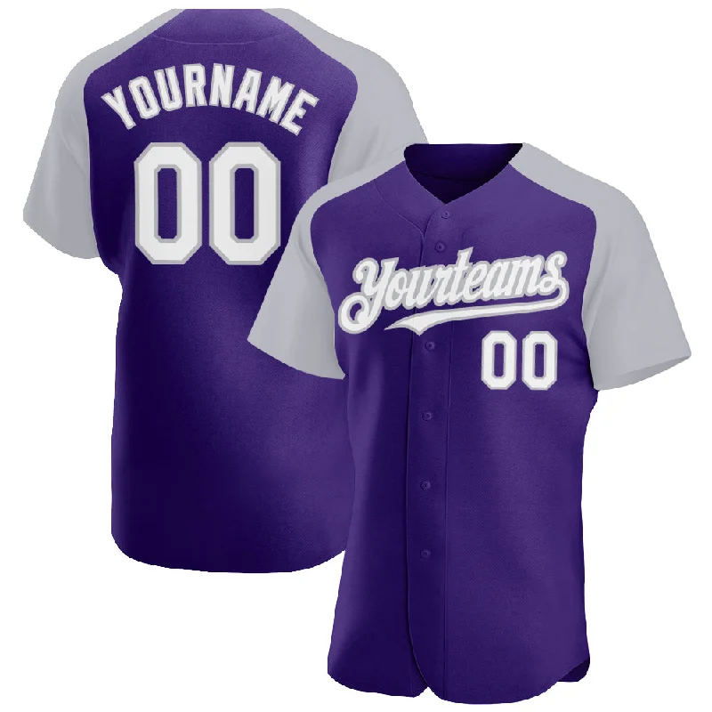 Baseball Jersey for Personalized Player Designs-Custom Purple White-Gray Authentic Raglan Sleeves Baseball Jersey