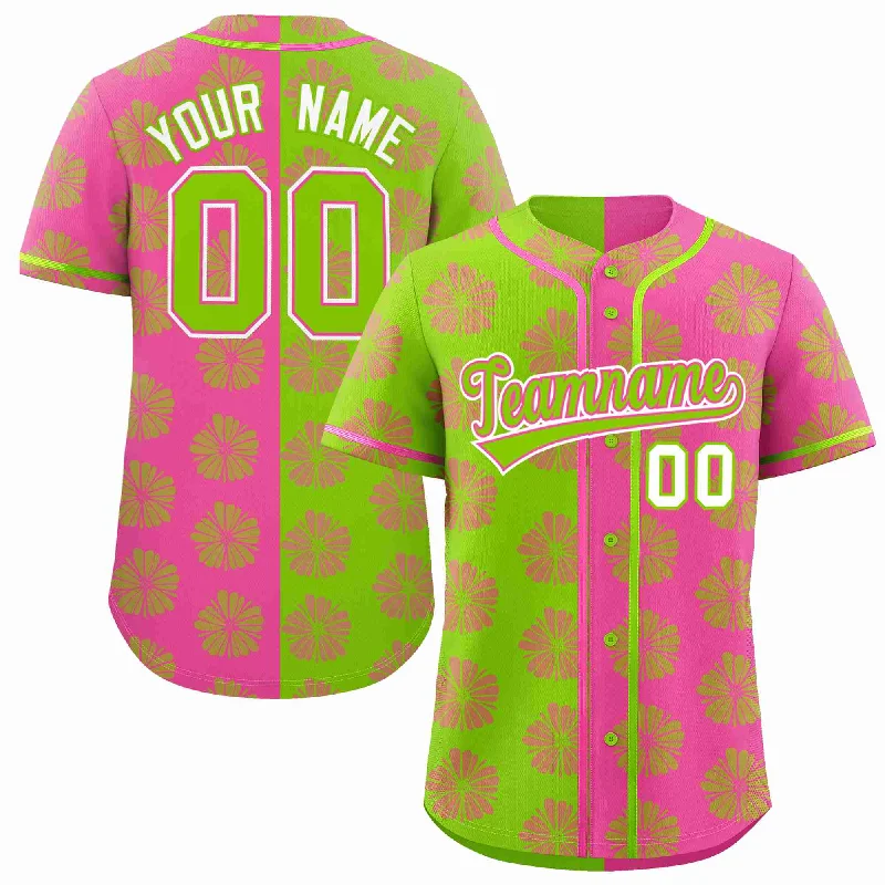 Baseball Jersey for Customizable Player Jerseys-Custom Neon Green Pink Split Fashion Flower Graffiti Pattern Authentic Baseball Jersey