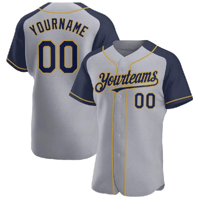 Baseball Jersey for High-Quality Fit and Design-Custom Gray Navy-Old Gold Authentic Raglan Sleeves Baseball Jersey