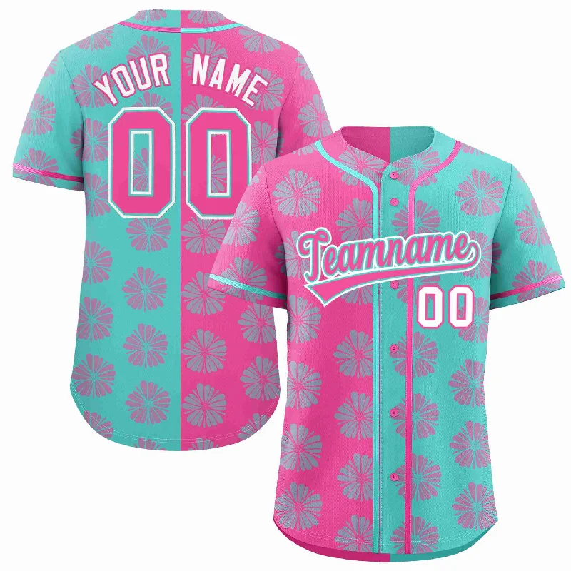 Baseball Jersey for Baseball Game Gear-Custom Pink Aqua Split Fashion Flower Graffiti Pattern Authentic Baseball Jersey