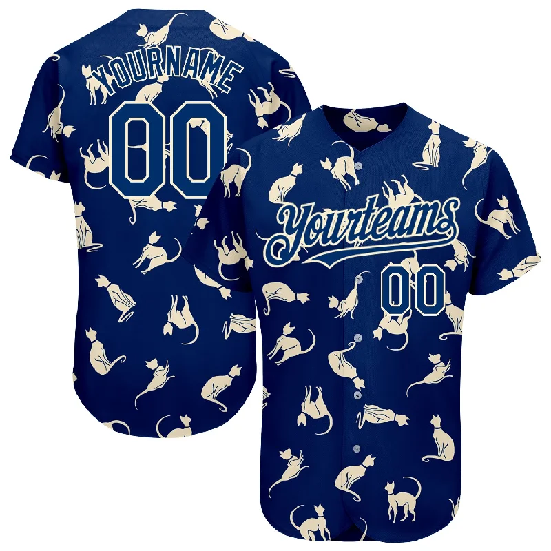 Baseball Jersey for Custom Logo Designs-Custom US Navy Blue Cream 3D Pattern Design Cat Authentic Baseball Jersey