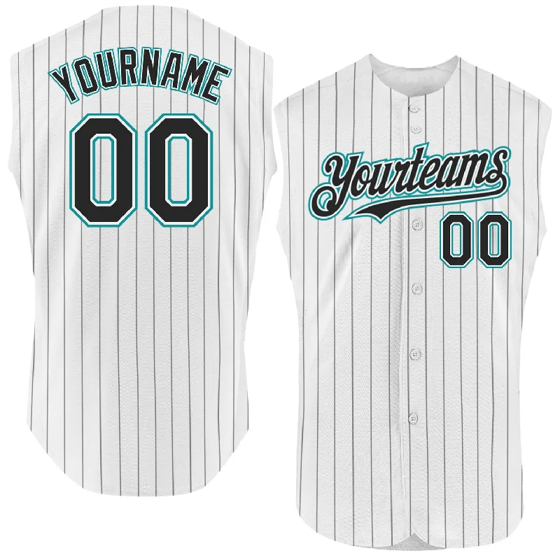 Baseball Jersey for Stylish Baseball Fan Gear-Custom White Black Pinstripe Teal Authentic Sleeveless Baseball Jersey