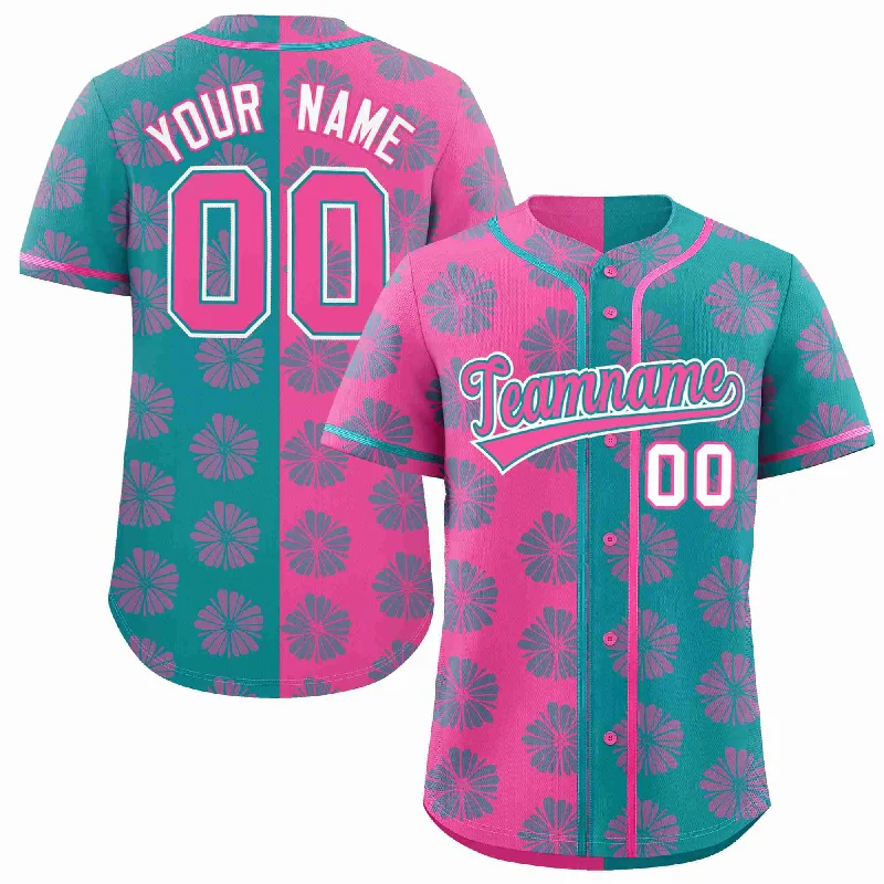 Baseball Jersey for Softball and Baseball Customization-Custom Pink Aqua Split Fashion Flower Graffiti Pattern Authentic Baseball Jersey