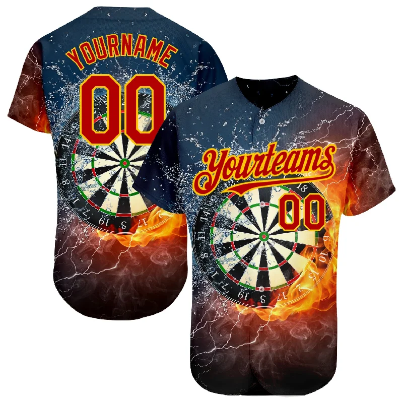 Baseball Jersey for Stylish and Comfortable Designs-Custom Black Red-Gold 3D Pattern Design Flame Dart Board Authentic Baseball Jersey