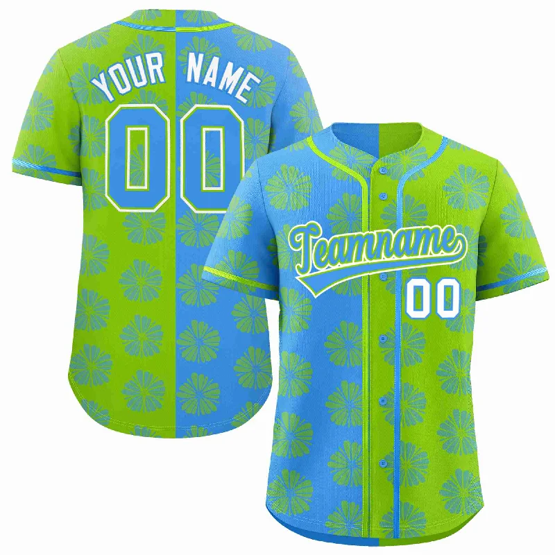 Baseball Jersey for Game Day Customization-Custom Powder Blue Neon Green Split Fashion Flower Graffiti Pattern Authentic Baseball Jersey