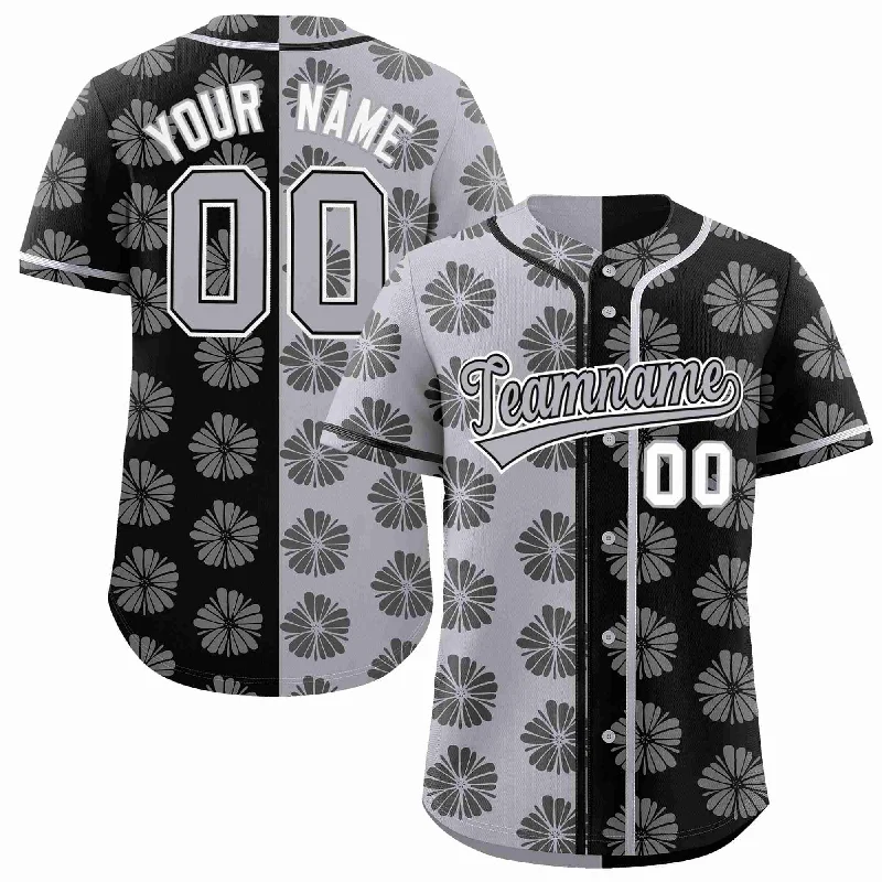 Baseball Jersey for Game Night Apparel-Custom Light Gray Black Split Fashion Flower Graffiti Pattern Authentic Baseball Jersey