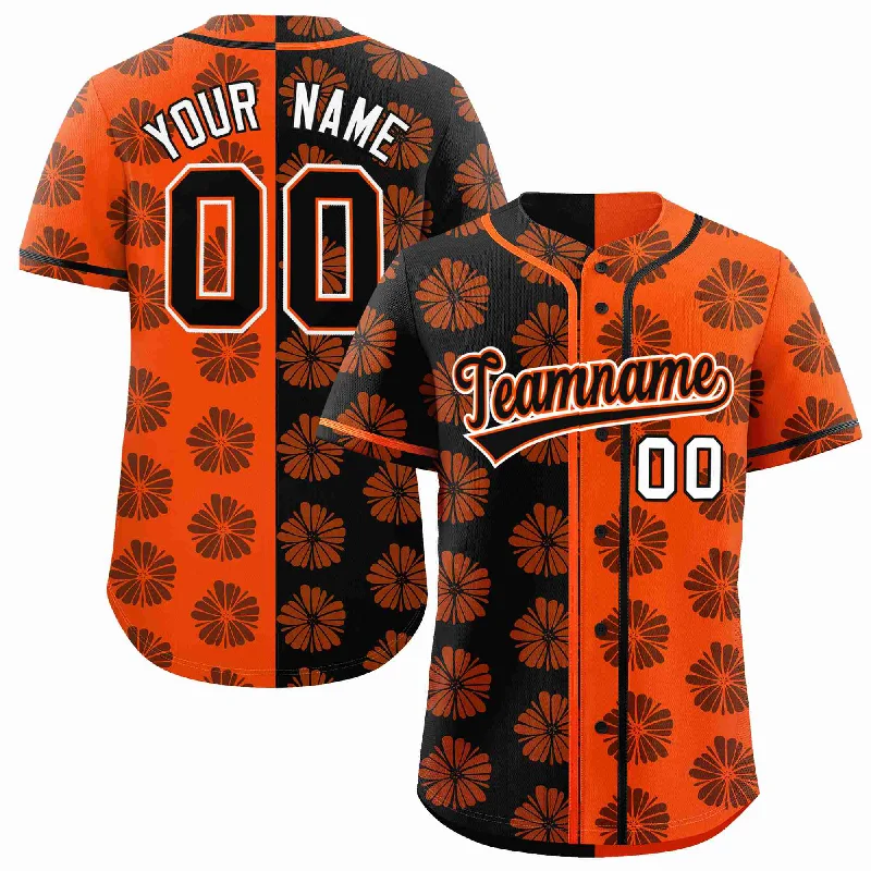 Baseball Jersey for Lightweight Material-Custom Black Orange Split Fashion Flower Graffiti Pattern Authentic Baseball Jersey