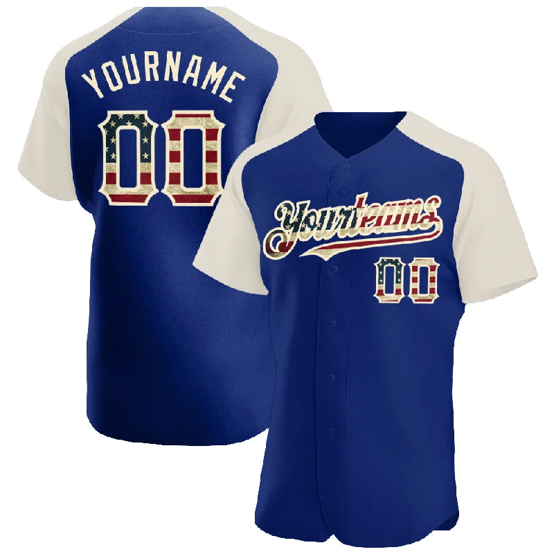 Baseball Jersey for Team Custom Fit-Custom Royal Vintage USA Flag-Cream Authentic Raglan Sleeves Baseball Jersey