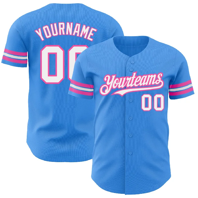 Baseball Jersey for Customizable Team Gear-Custom Electric Blue White-Pink Authentic Baseball Jersey