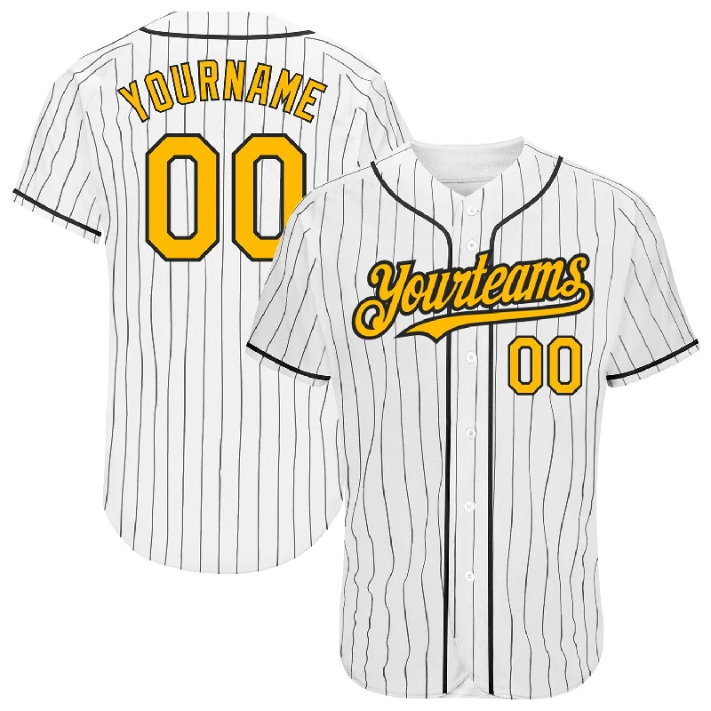 Baseball Jersey for Game-Ready Performance-Custom White Black Pinstripe Gold Authentic Baseball Jersey