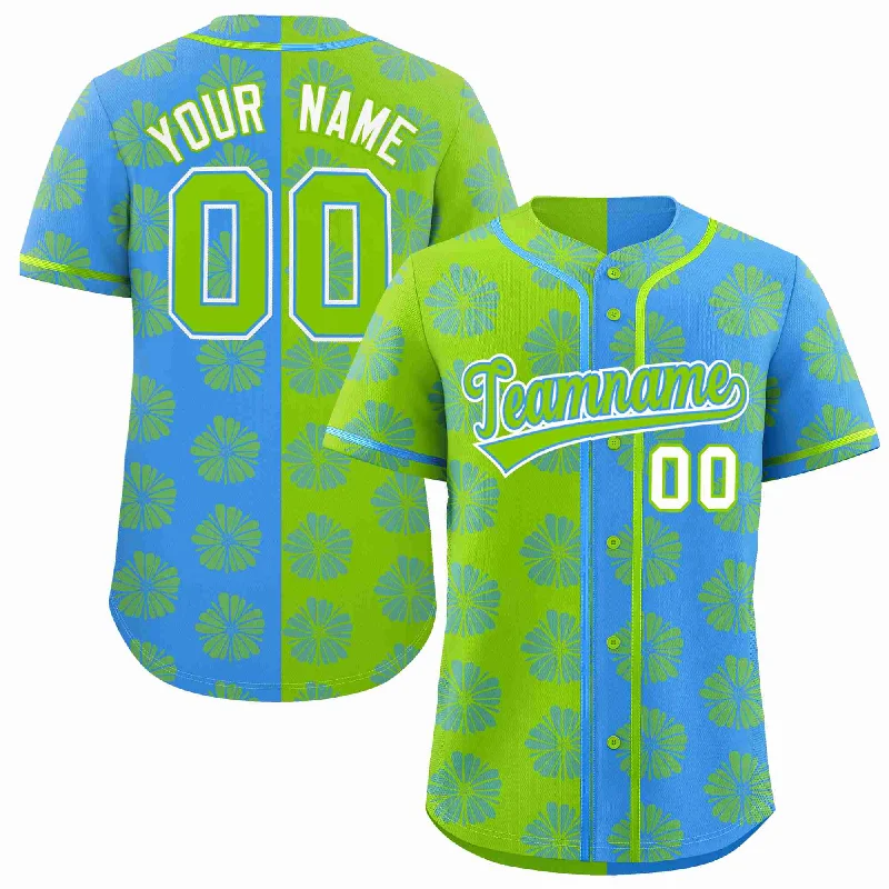 Baseball Jersey for Soft and Stretchy Material-Custom Neon Green Powder Blue Split Fashion Flower Graffiti Pattern Authentic Baseball Jersey