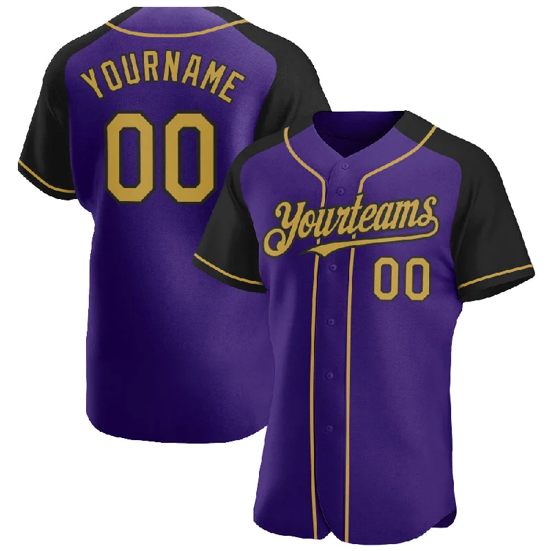 Baseball Jersey for Softball and Baseball Hybrid-Custom Purple Old Gold-Black Authentic Raglan Sleeves Baseball Jersey