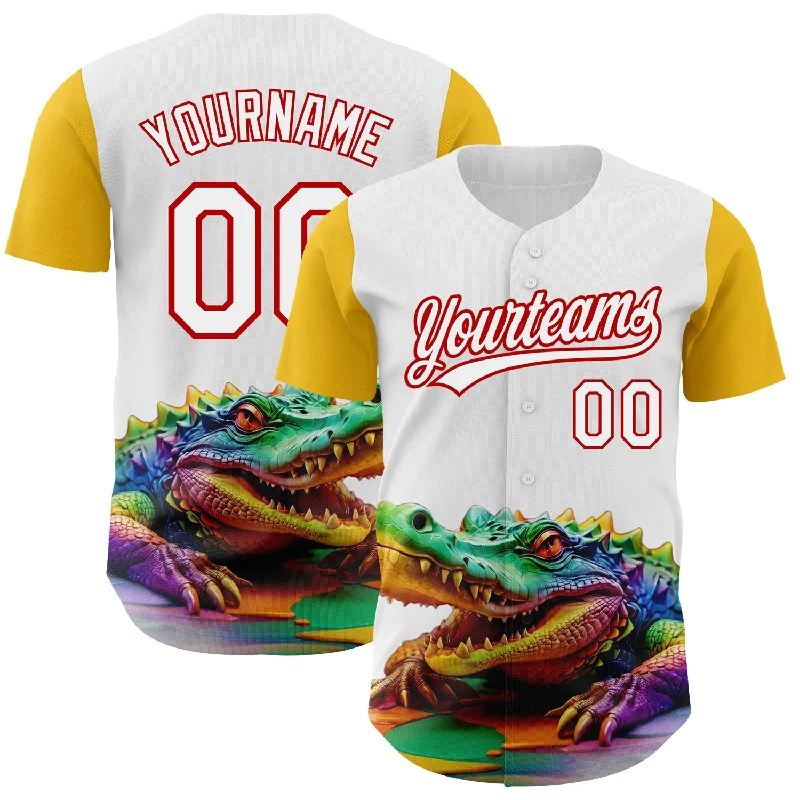 Baseball Jersey for Customizable Player Jerseys-Custom White Red-Yellow 3D Pattern Design Colorful Crocodile Authentic Baseball Jersey