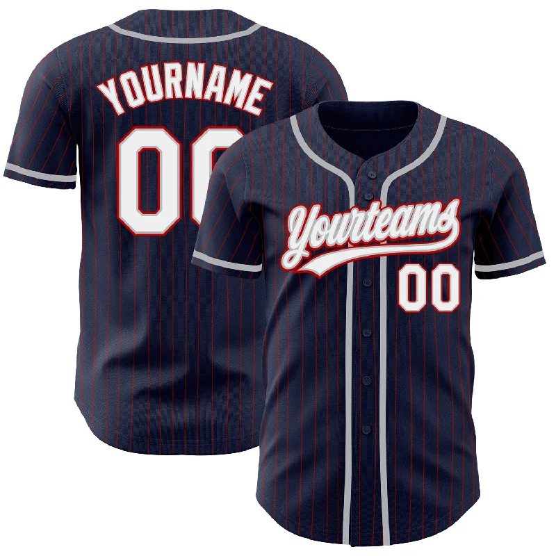 Baseball Jersey for Unique Fan Gear-Custom Navy Red Pinstripe White-Gray Authentic Baseball Jersey