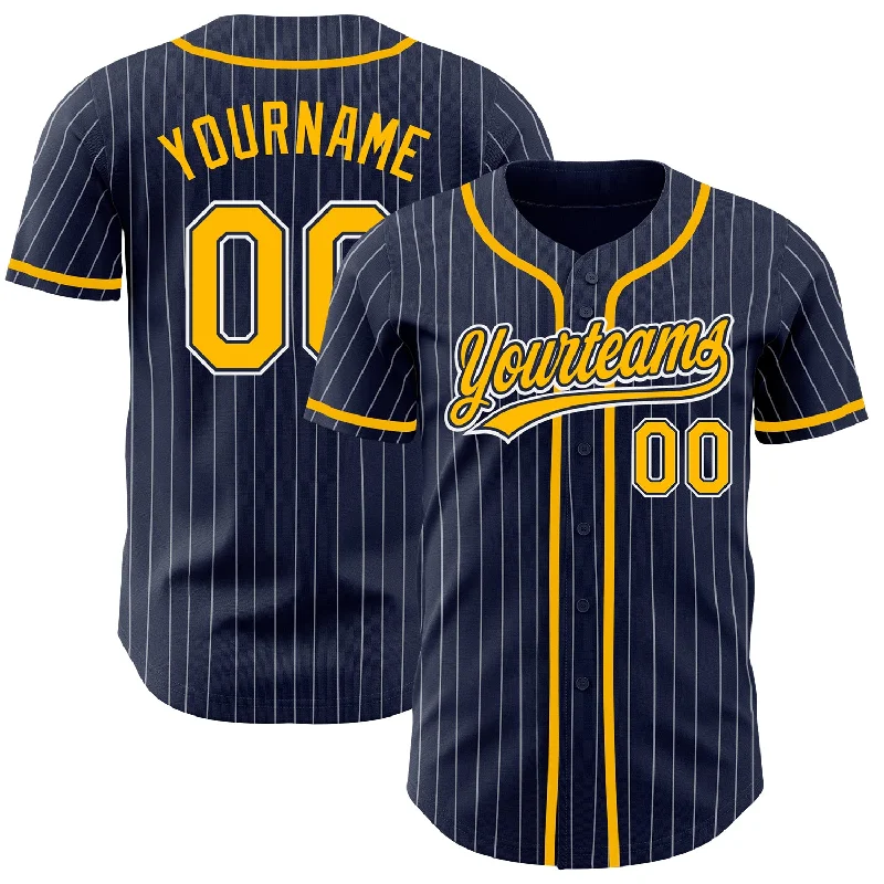 Baseball Jersey for Stylish and Fun Designs-Custom Navy White Pinstripe Gold Authentic Baseball Jersey