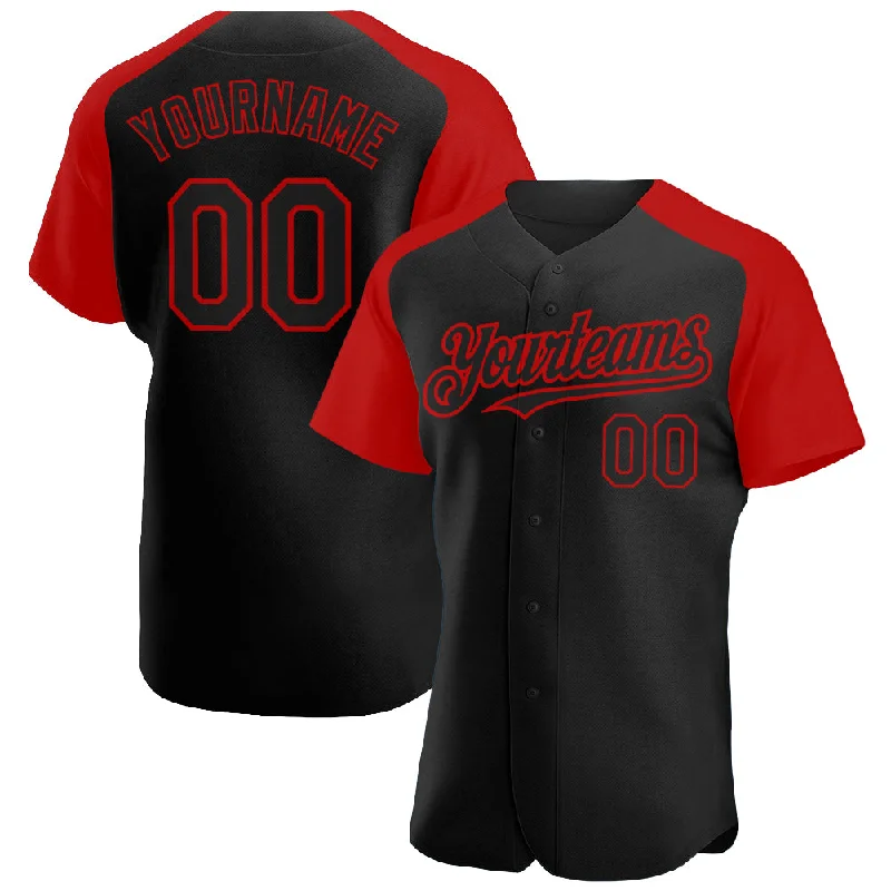 Baseball Jersey for Boys-Custom Black Red Authentic Raglan Sleeves Baseball Jersey