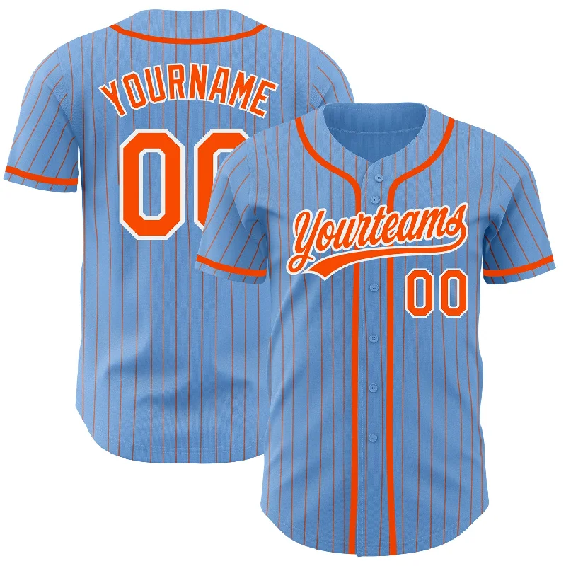 Baseball Jersey for Team Player Uniforms-Custom Light Blue Orange Pinstripe White Authentic Baseball Jersey