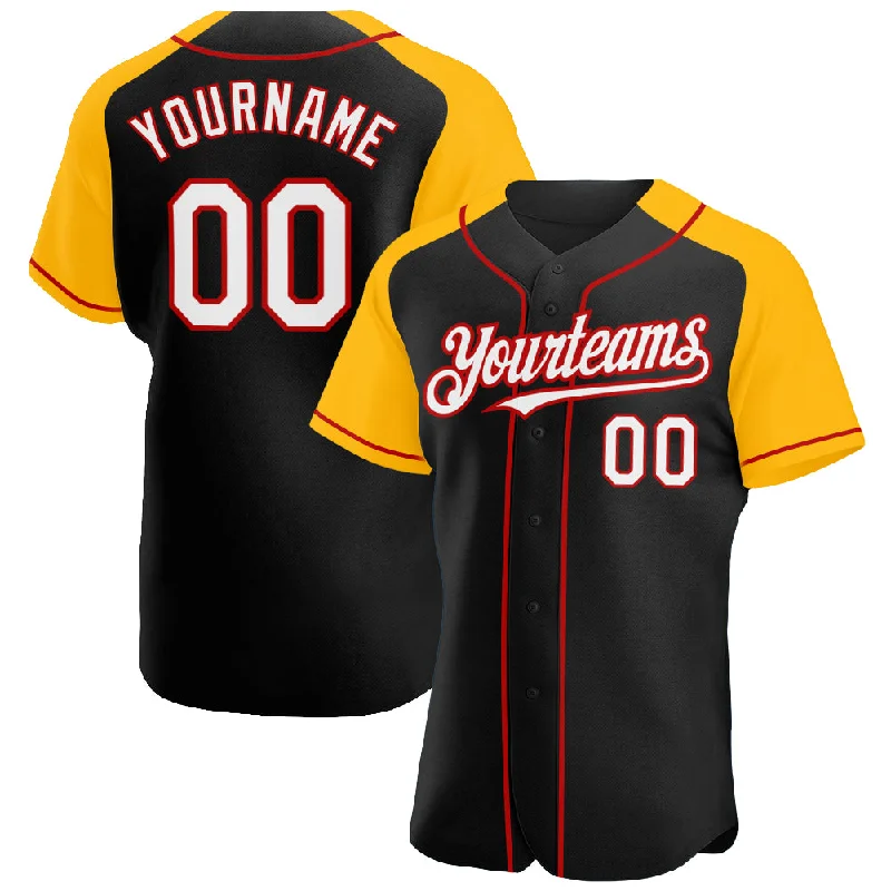 Baseball Jersey for Professional Baseball Merchandise-Custom Black White Gold-Red Authentic Raglan Sleeves Baseball Jersey