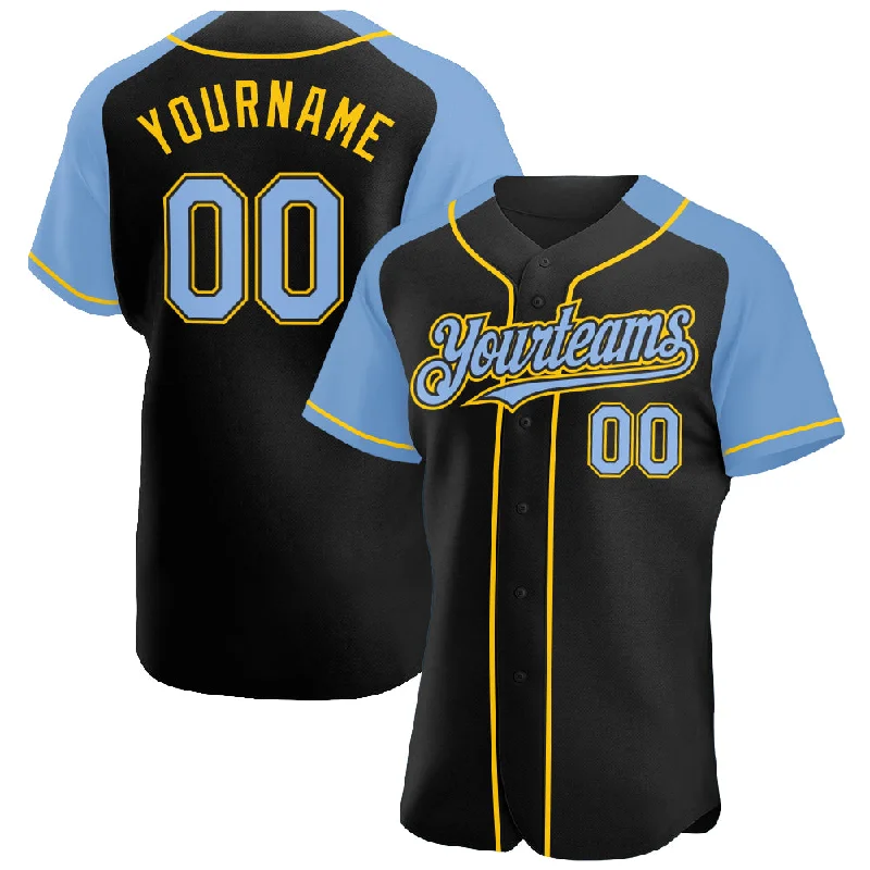 Baseball Jersey for Casual Baseball Supporter Gear-Custom Black Light Blue-Yellow Authentic Raglan Sleeves Baseball Jersey