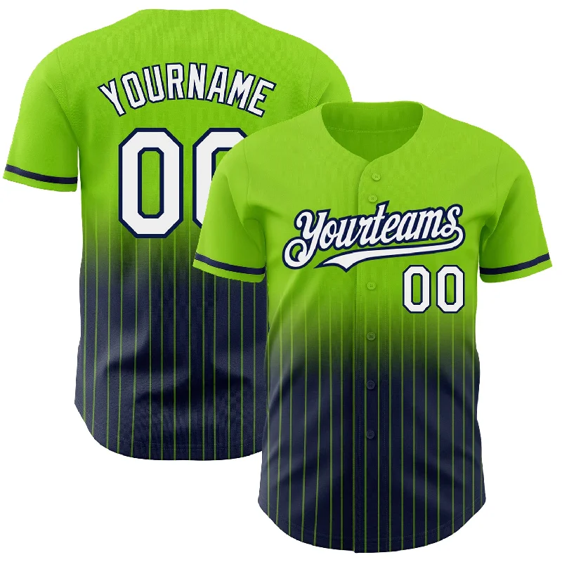 Baseball Jersey for Youth Baseball Players-Custom Neon Green Pinstripe White-Navy Authentic Fade Fashion Baseball Jersey