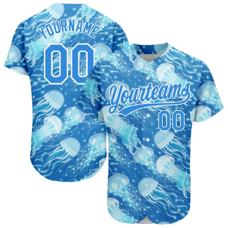 Baseball Jersey for Softball Teams-Custom Electric Blue White 3D Pattern Design Jellyfish Authentic Baseball Jersey