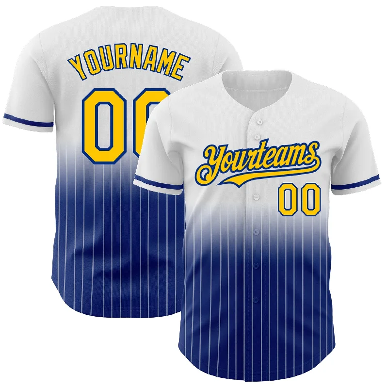 Baseball Jersey for Little League-Custom White Pinstripe Yellow-Royal Authentic Fade Fashion Baseball Jersey