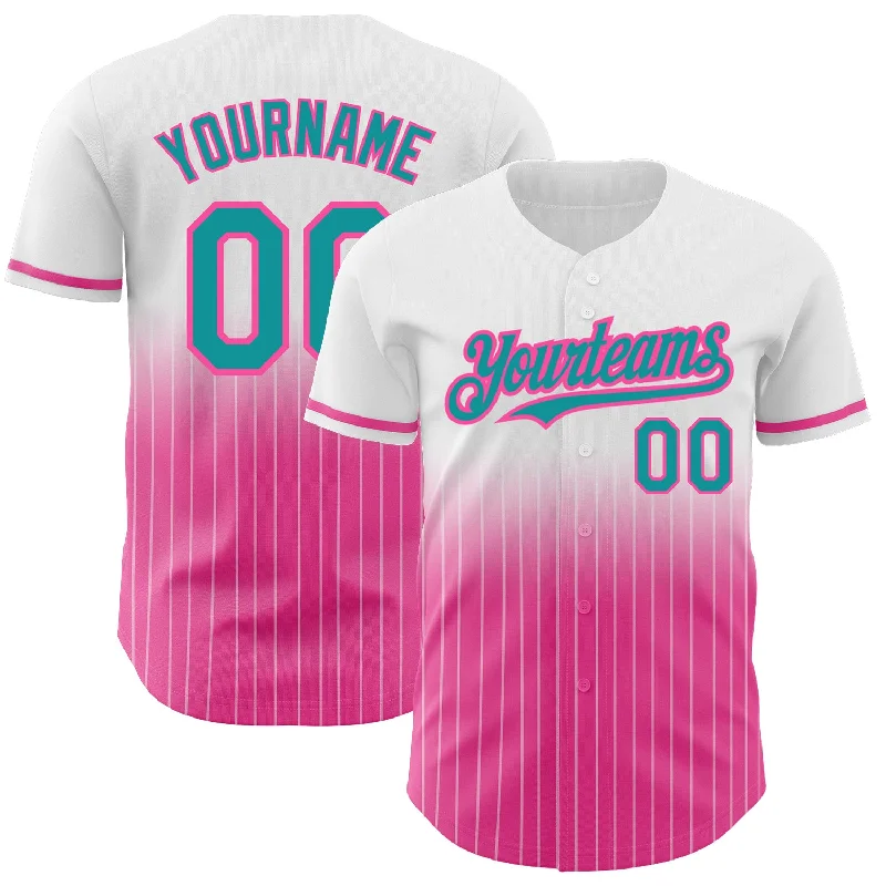 Baseball Jersey for Girls-Custom White Pinstripe Teal-Pink Authentic Fade Fashion Baseball Jersey