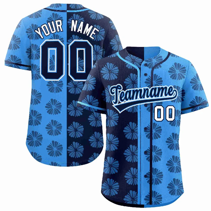 Baseball Jersey for Sports League Uniforms-Custom Navy Powder Blue Split Fashion Flower Graffiti Pattern Authentic Baseball Jersey