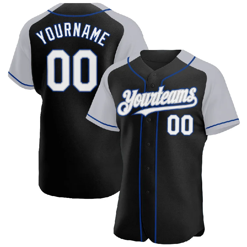 Baseball Jersey for Customizable Fanwear-Custom Black White Gray-Royal Authentic Raglan Sleeves Baseball Jersey