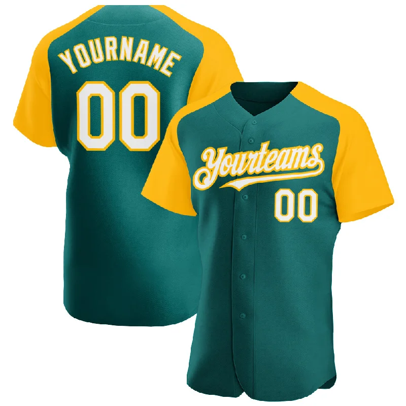 Baseball Jersey for Home and Away Games-Custom Teal White-Gold Authentic Raglan Sleeves Baseball Jersey