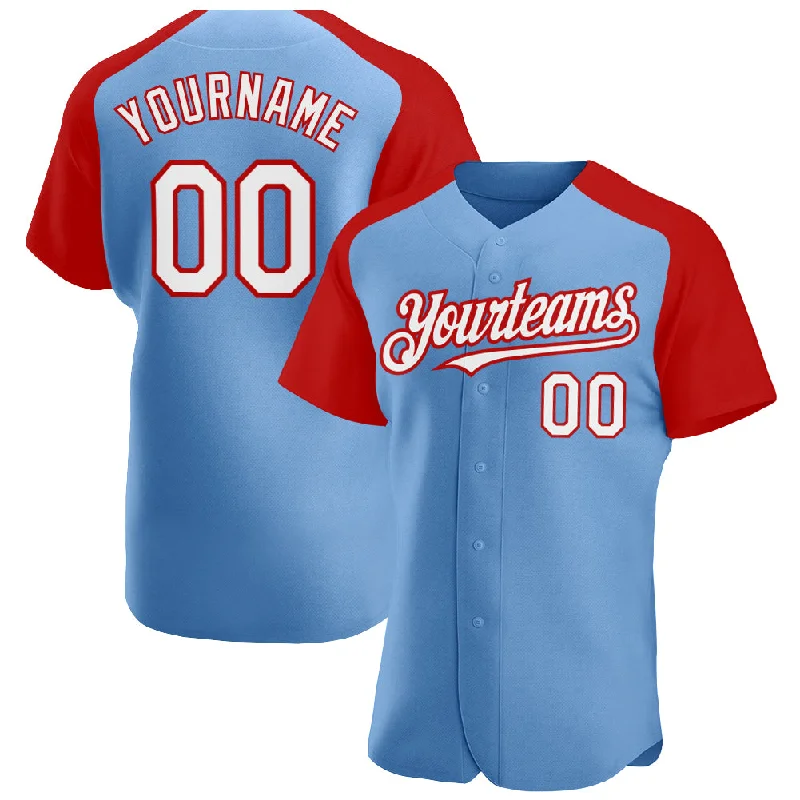 Baseball Jersey for Team Player Uniforms-Custom Light Blue White-Red Authentic Raglan Sleeves Baseball Jersey