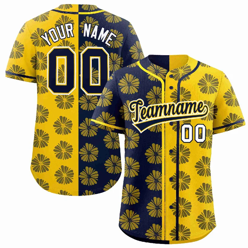 Baseball Jersey for Complete Custom Apparel-Custom Navy Gold Split Fashion Flower Graffiti Pattern Authentic Baseball Jersey