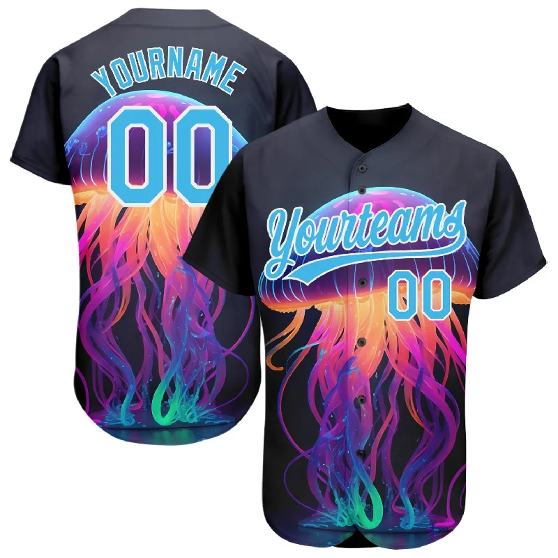 Baseball Jersey for Casual Wear-Custom Black Sky Blue-White 3D Pattern Design Neon Jellyfish Authentic Baseball Jersey