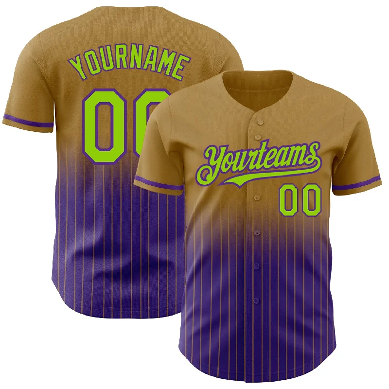 Baseball Jersey for Softball and Baseball Fans-Custom Old Gold Pinstripe Neon Green-Purple Authentic Fade Fashion Baseball Jersey