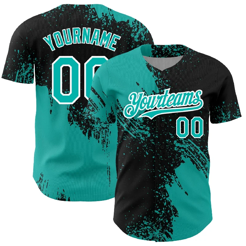 Baseball Jersey for Game Day Fan Gear-Custom Black Aqua-White 3D Pattern Design Abstract Brush Stroke Authentic Baseball Jersey