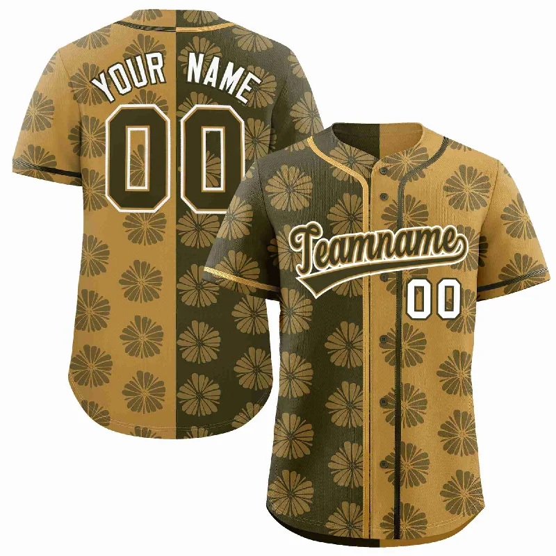 Baseball Jersey for Comfortable Play Uniforms-Custom Olive Old Gold Split Fashion Flower Graffiti Pattern Authentic Baseball Jersey