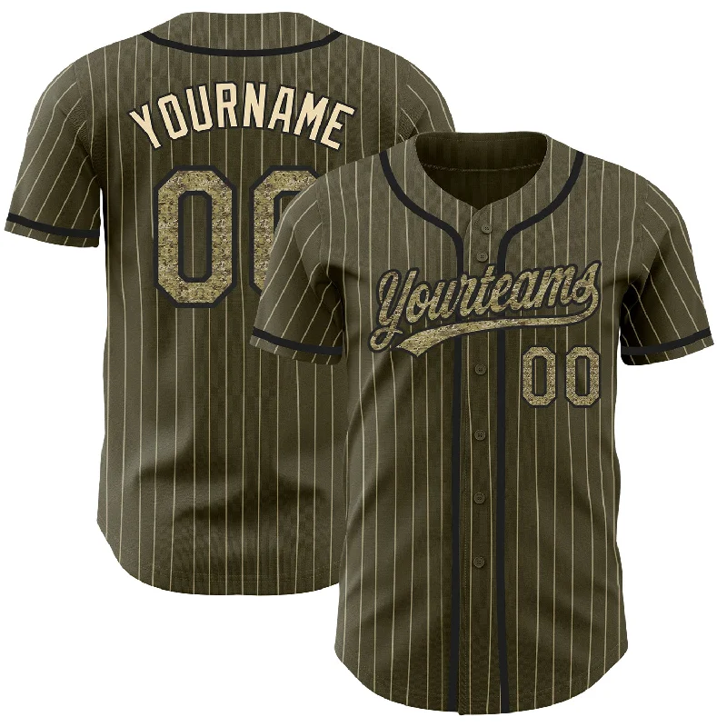 Baseball Jersey for Lightweight Team Gear-Custom Olive City Cream Pinstripe Camo-Black Authentic Salute To Service Baseball Jersey