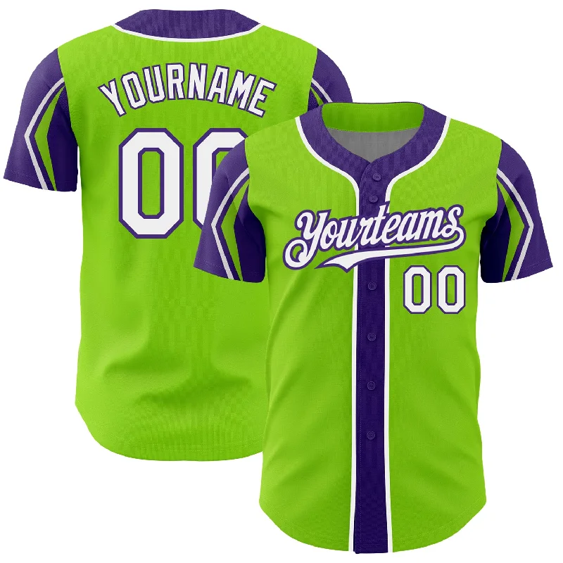 Baseball Jersey for Sporty Casual Wear-Custom Neon Green White-Purple 3 Colors Arm Shapes Authentic Baseball Jersey