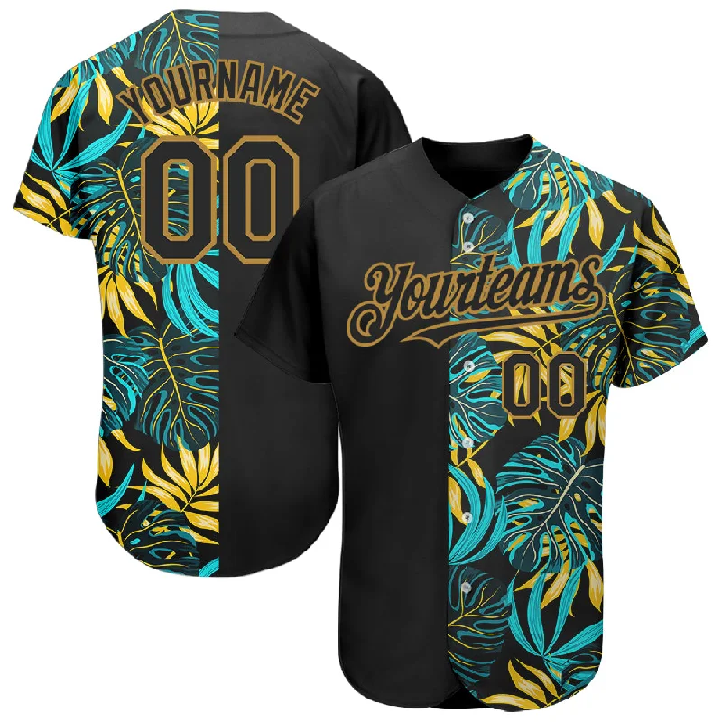 Baseball Jersey for Major League Fans-Custom Black Old Gold 3D Pattern Design Hawaii Tropical Palm Leaves Authentic Baseball Jersey