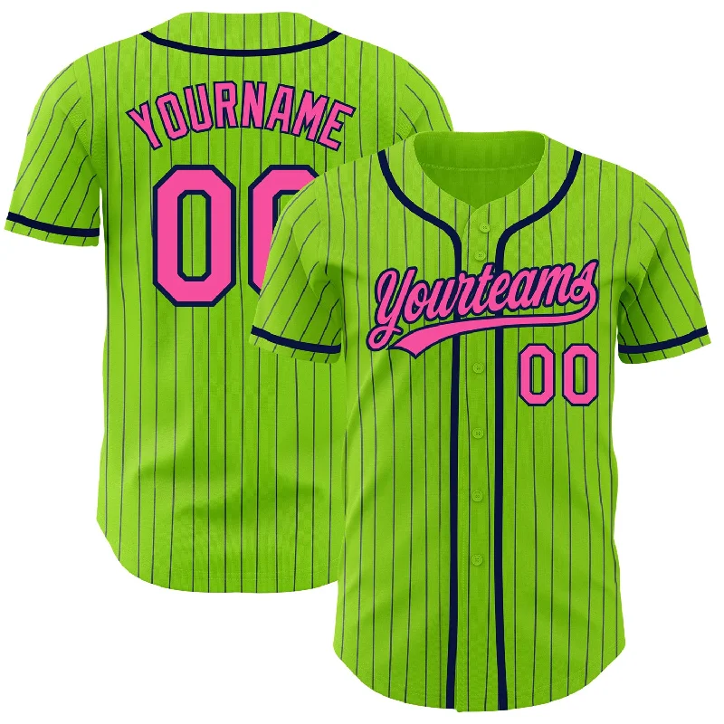 Baseball Jersey for Softball and Baseball Wear-Custom Neon Green Navy Pinstripe Pink Authentic Baseball Jersey