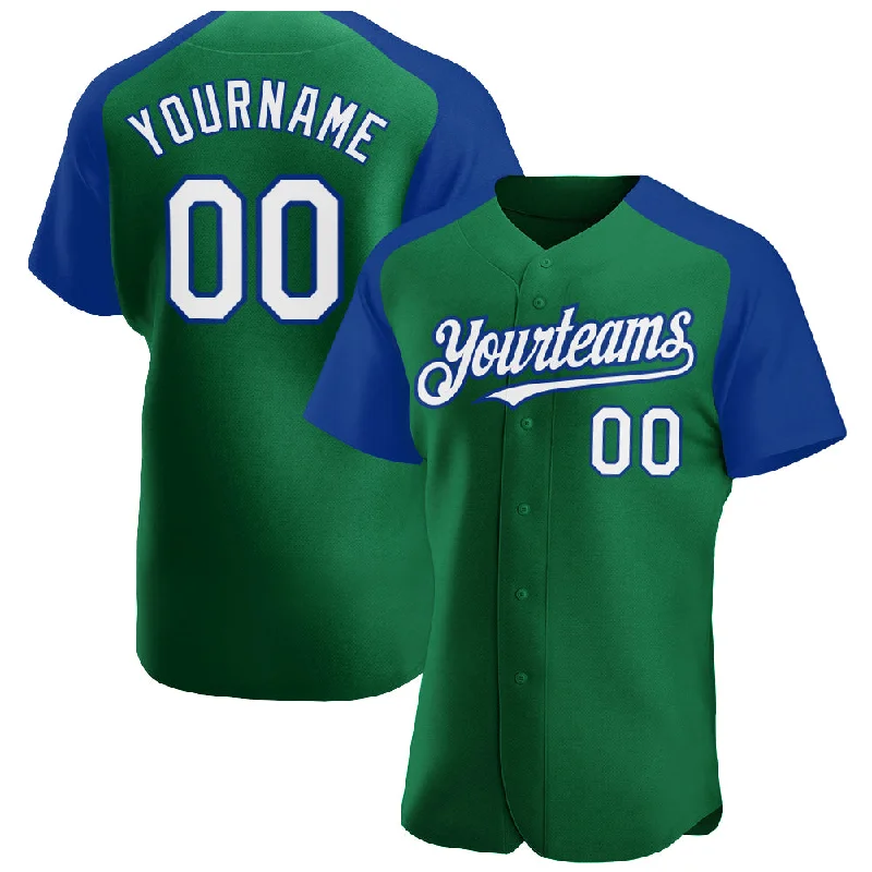 Baseball Jersey for Youth Sports Apparel-Custom Kelly Green White-Royal Authentic Raglan Sleeves Baseball Jersey