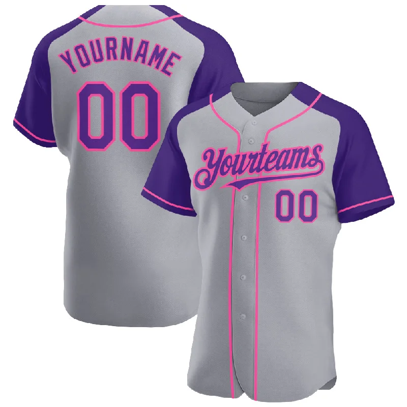 Baseball Jersey for Custom Logo Designs-Custom Gray Purple-Pink Authentic Raglan Sleeves Baseball Jersey