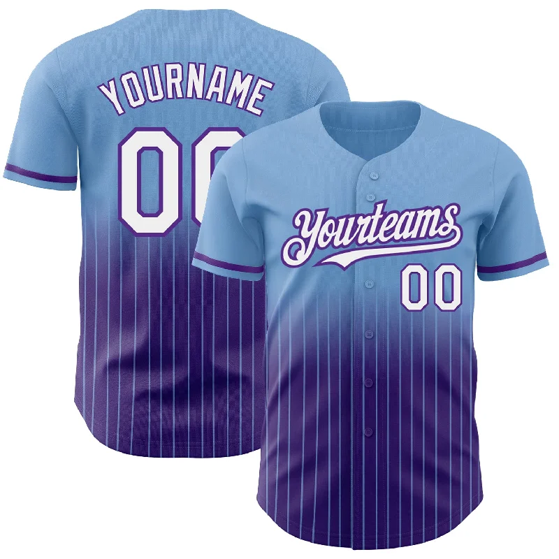 Baseball Jersey for Stylish and Fun Designs-Custom Light Blue Pinstripe White-Purple Authentic Fade Fashion Baseball Jersey