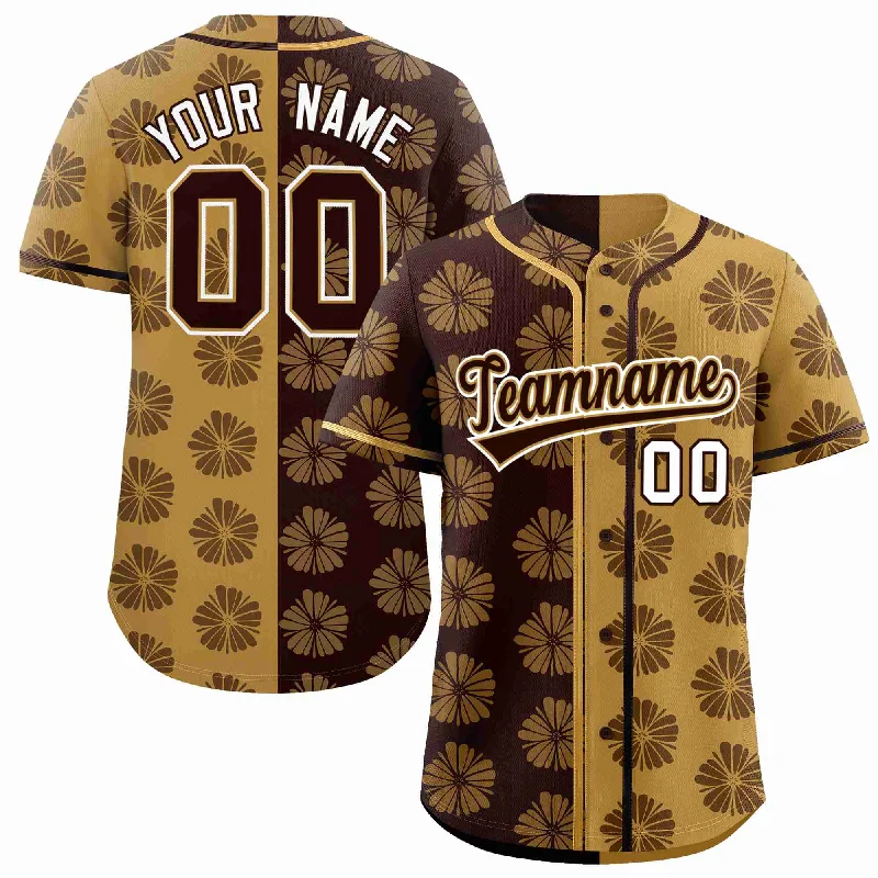 Baseball Jersey for High-School Baseball Teams-Custom Brown Old Gold Split Fashion Flower Graffiti Pattern Authentic Baseball Jersey