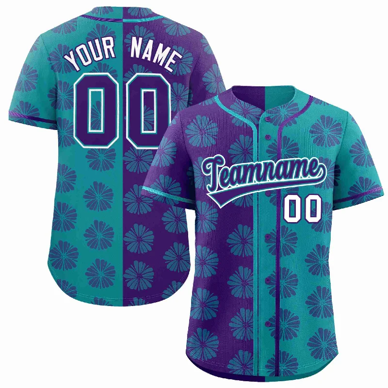 Baseball Jersey for Sports Event Wear-Custom Purple Aqua Split Fashion Flower Graffiti Pattern Authentic Baseball Jersey