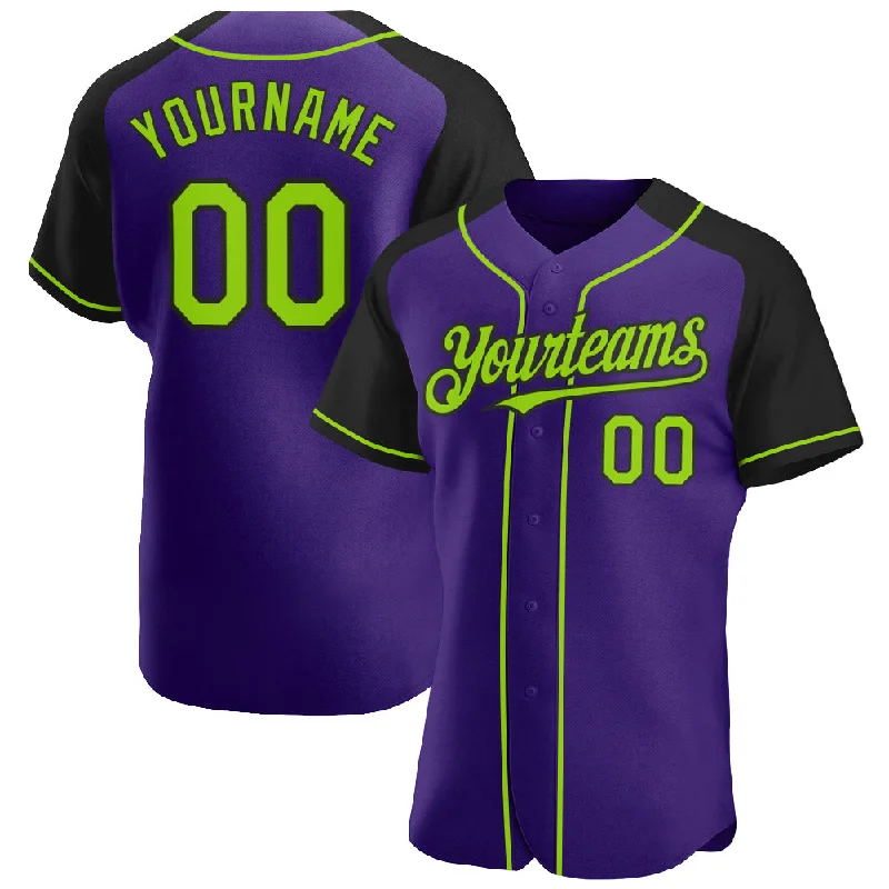 Baseball Jersey for Lightweight Game Wear-Custom Purple Neon Green-Black Authentic Raglan Sleeves Baseball Jersey